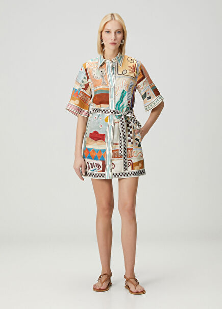 Michelle Desenli Mini Keten Gömlek Elbise