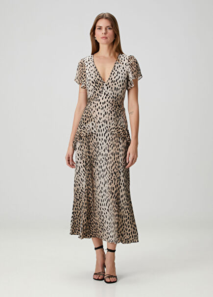 Evia Leopar Desenli Midi İpek Elbise