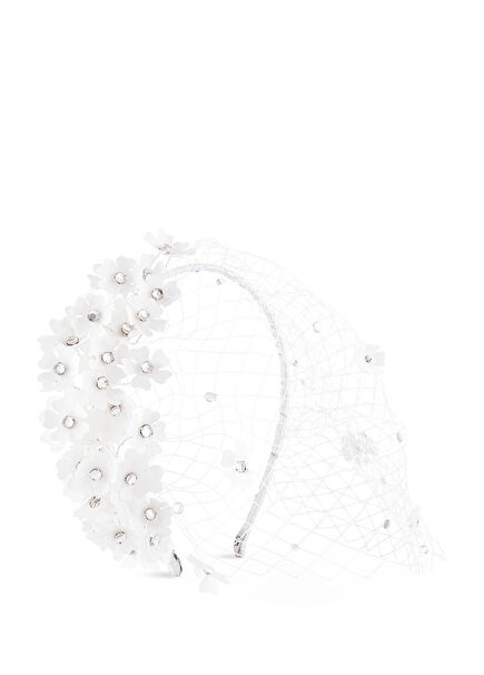 Audrey Beyaz Kristal Taşlı File Tük Kadın Duvak Aksesuarı 