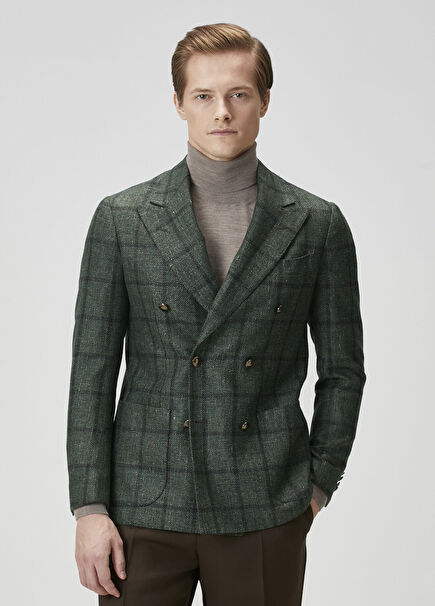 Dark Green Plaided Wool Double-Breasted Jacket