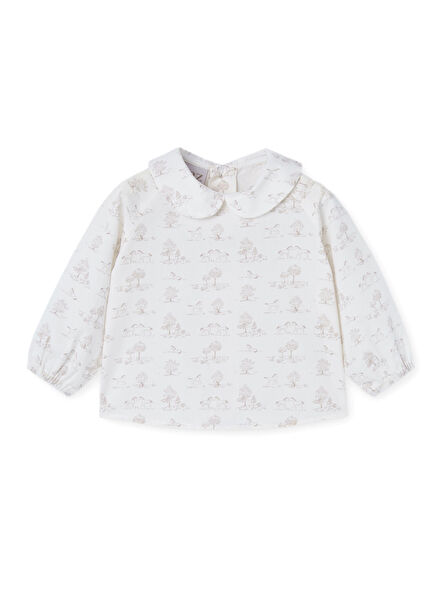 Desenli Ekru Bebe Yaka Uzun Kollu Kız Bebek Bluz