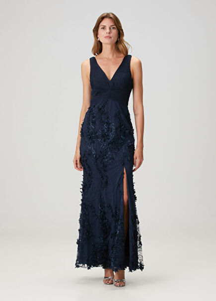 Navy Blue Embroidered Maxi Evening Dress