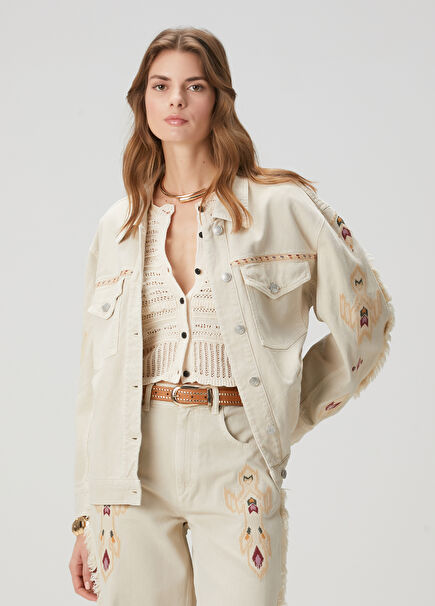 Manona Ecru Embroidered Denim Jacket