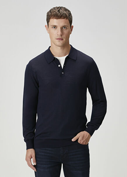 Lacivert Polo Yaka Yün Triko