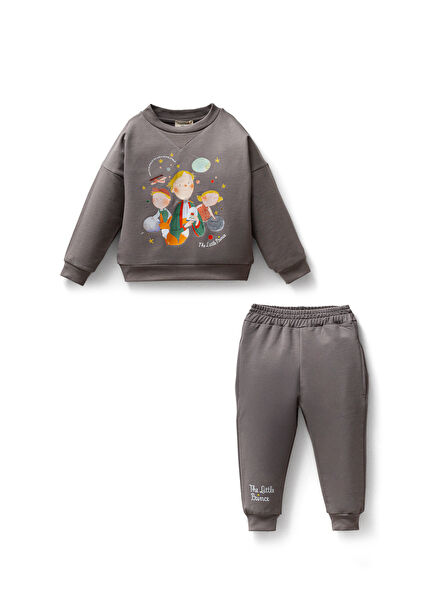 Küçük Prens Desenli Gri Pamuklu Erkek Çocuk Eşofman Takım