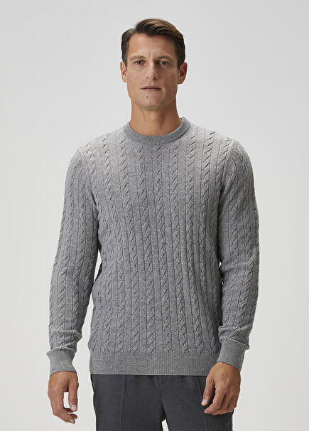 Açık Gri Saç Örgü Dokulu Yün Kazak