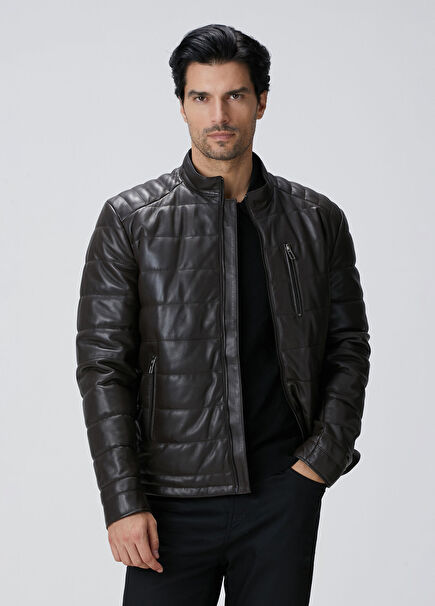 Kahverengi Dik Yaka Deri Mont