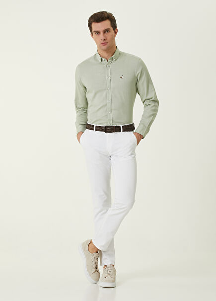 Slim Fit Beyaz Panama Dokulu Chino Pantolon