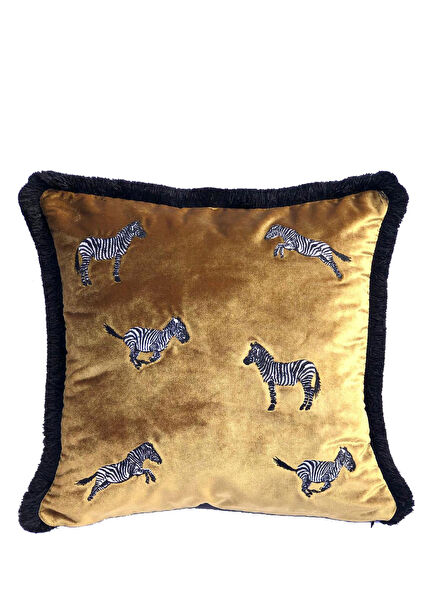 Dekoratif Zebra Nakış İşlemeli Siyah Püsküllü Gold Kadife Yastık Kılıfı 45x45 cm