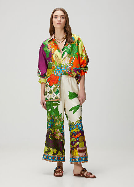Ecru Patterned Silk Pants
