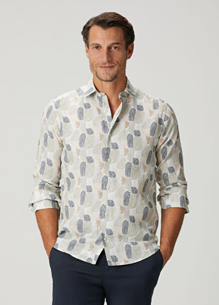 Yeşil Geometrik Desenli Keten Gömlek