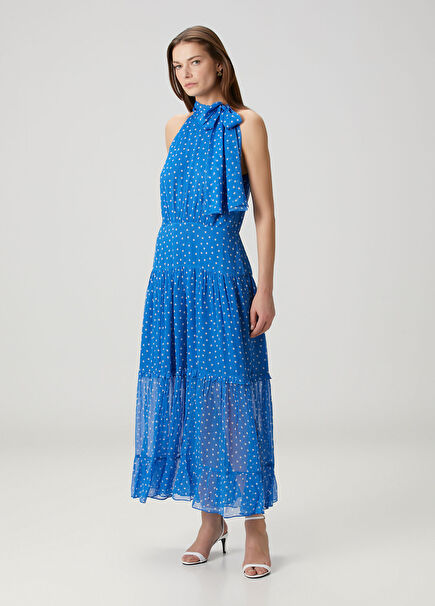 Abi Mavi Puantiyeli Maksi Elbise