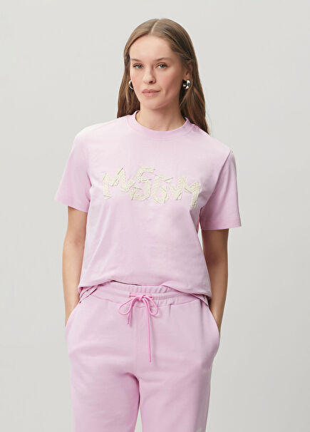 Pembe İşlemeli Logolu T-shirt