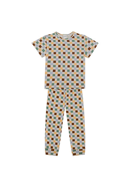 Bej Pastel Damalar Erkek Çocuk Pijama Takımı