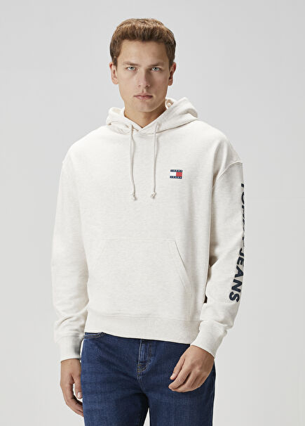 Bej Kapüşonlu Logo Baskılı Sweatshirt