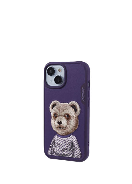 iPhone 15 Compatible 3D Outfit Purple Teddy Bear Embossed Fashion Pet Phone Case with Detailed Embroidery