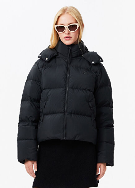 Relaxed Fit Women's Puffer Coat with Black Hood