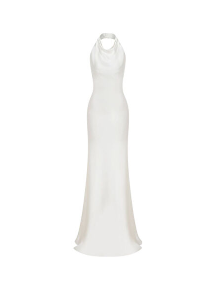 Alice Beyaz Saten Sırt Dekolteli Kadın Abiye Elbise