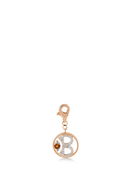 Mini “B” Harfli Charm Pırlanta Sitrin Taşlı 14 Ayar Pembe Altın
