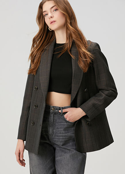 Anthracite Plaid Double-Breasted Wool Blazer