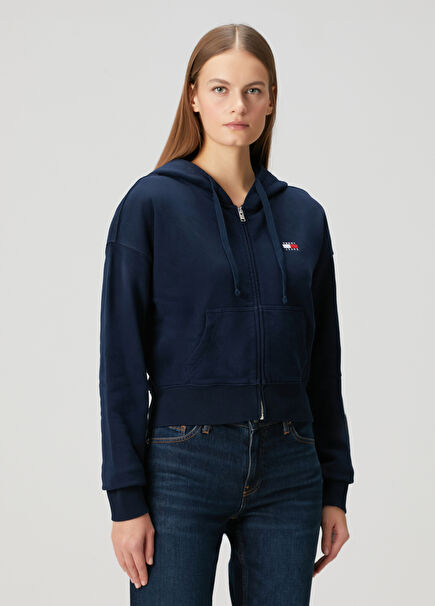 Boxy Fit Lacivert Kapüşonlu Fermuarlı Sweatshirt