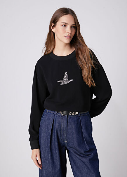 Black Embellished Logo Crepe Blouse