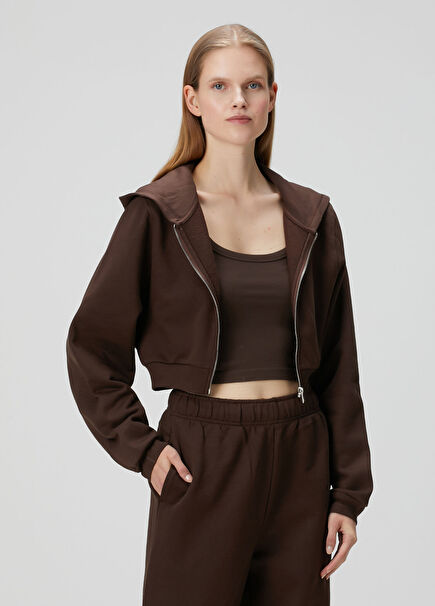 Aura Brown Zipper Crop Hoodie