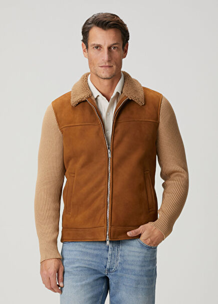 Tan Shearling Detail Suede Jacket