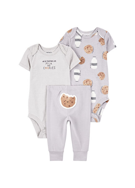 Gri Body ve Pantolon Unisex Bebek 3'lü Set