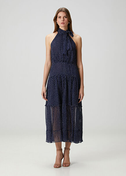 Abi Lacivert Puantiyeli Midi Elbise