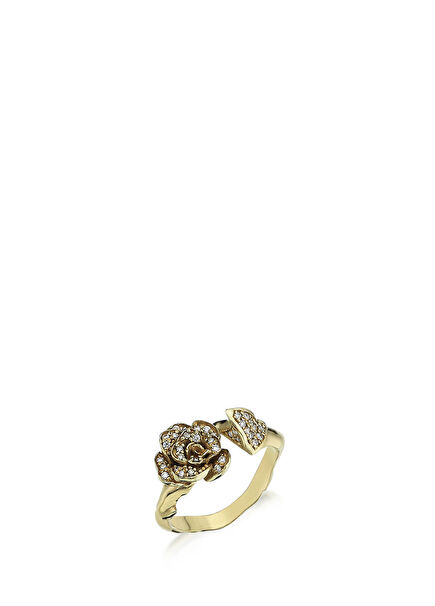 14K Gold Women's Ring with Diamond Stone with Thorn Rose Detail