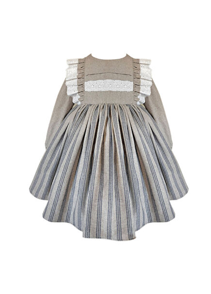 Beige Striped Cotton Girl's Dress