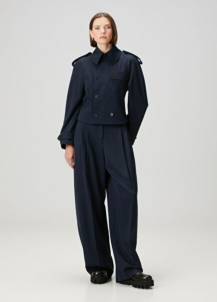 Lacivert Geniş Paça Yün Pantolon