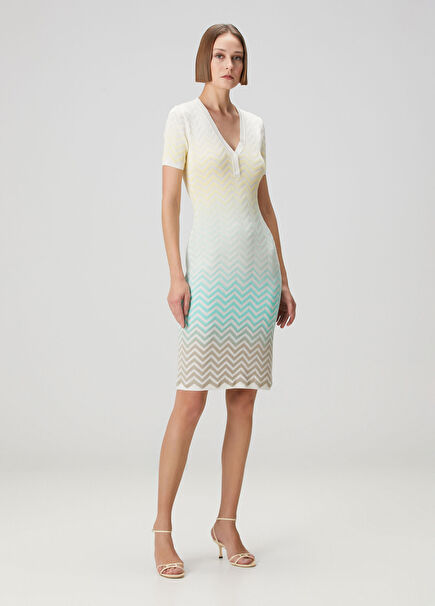 Sarı Mavi Degrade Desenli Midi Elbise