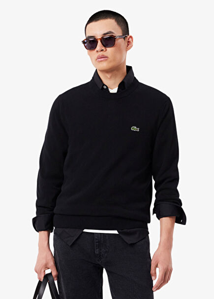 Siyah Organik Pamuk Bisiklet Yaka Regular Fit Erkek Kazak