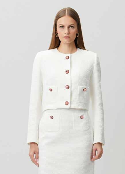 White Stone Buttoned Textured Jacket