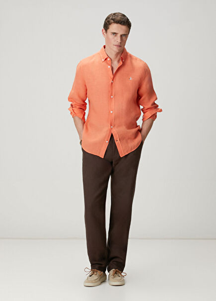 Brown Waist Corded Linen Trousers