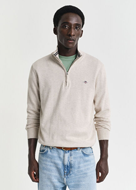 Bej Regular Fit Yarım Fermuarlı Erkek Kazak