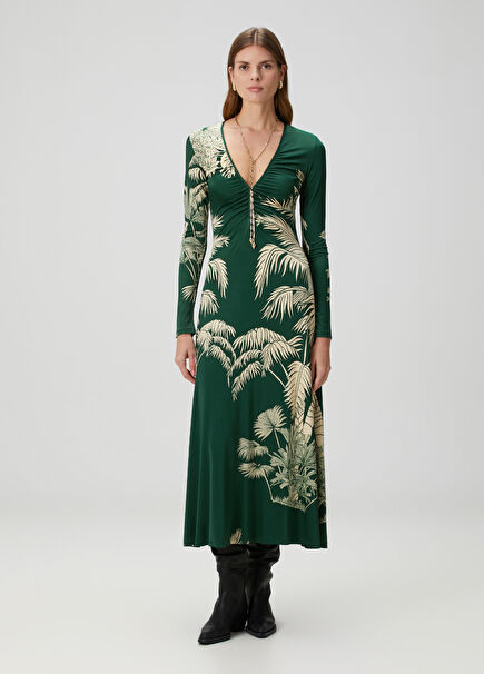 Yeşil Ekru Desenli Midi Elbise