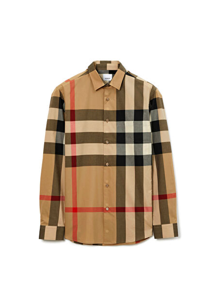 Check Bej Pamuklu Uzun Kollu Erkek Gömlek