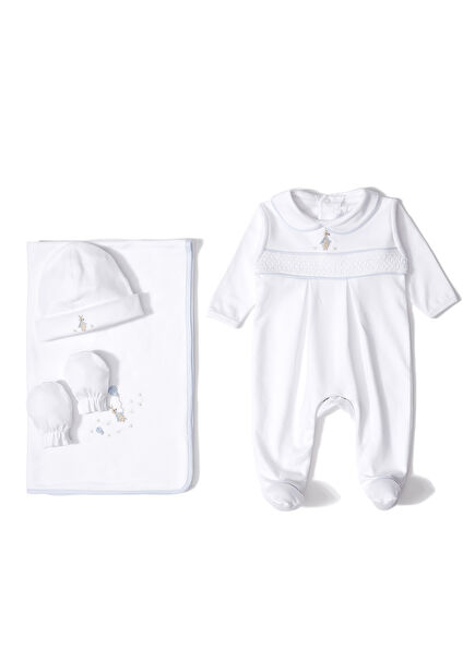 Beyaz 4lü Tavşan Nakışlı Erkek Bebek Hediye Seti