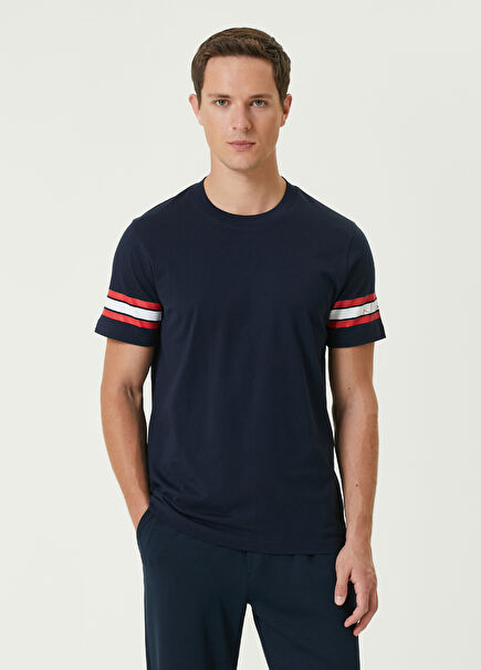 Navy Blue Stripe Printed Logo T-shirt