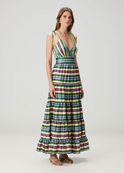 Allegra Green Striped Maxi Silk Dress