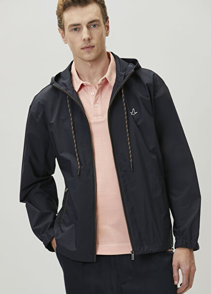 Lacivert Kapüşonlu Deri Biyeli Mont