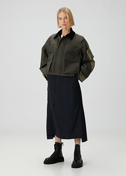 Navy Blue Pleated Asymmetrical Midi Skirt