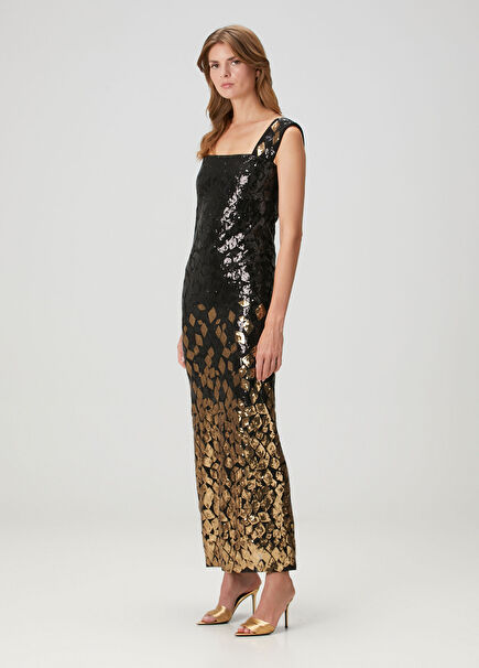 Samantha Siyah Gold Payetli Maksi Abiye Elbise