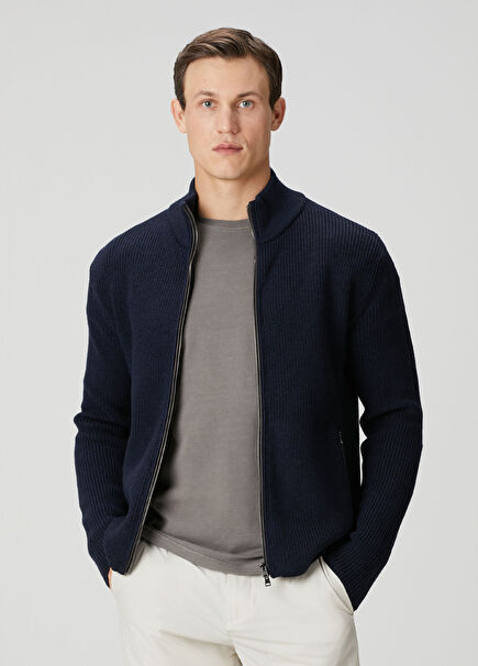 Navy Blue Wool Knit Cardigan