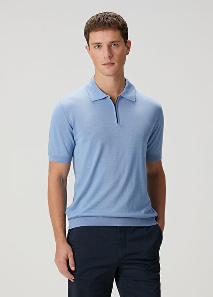 Blue Short Sleeve Polo Silk Sweater