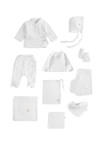 Beyaz Organik Pamuk Müslin 10'lu Unisex Bebek Hastane Çıkışı Seti