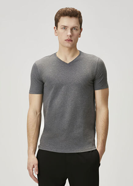 2li Koyu Gri V Yaka Basic T-shirt